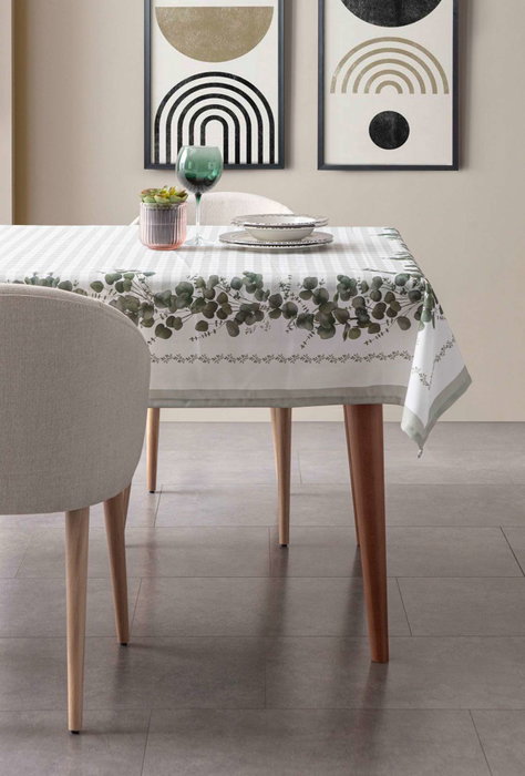 Hermia Eucalyptus 200 Mantel 100% Algodón Verde y Blanco 150 x 200 cm 120 gr/m2